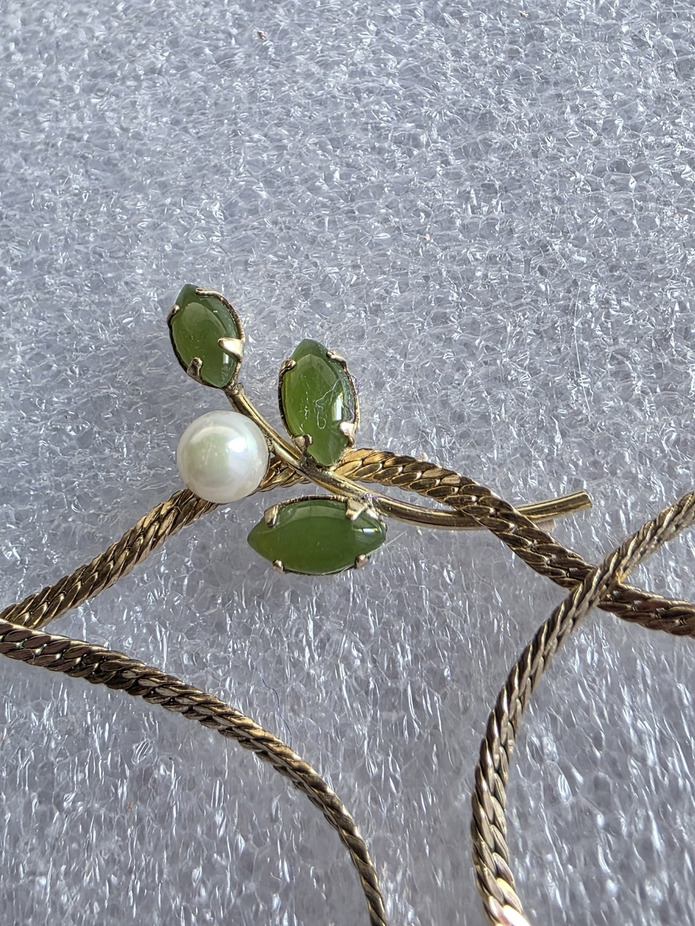 Vintage Carl-Art 14K Gold Filled Integrated Green Jade Marquise & Pearl Leaf Spr - Picture 10 of 11